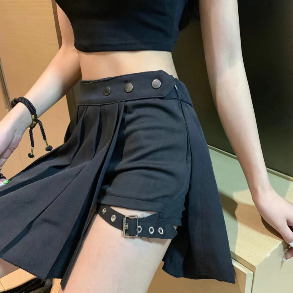 European and American style summer new sexy leg loop skirt pleated skirt short skirt dark half skirt girl trendy cool