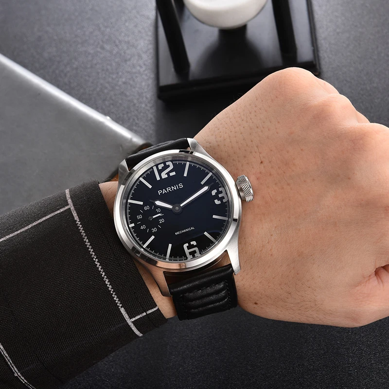 

Модные мужские часы Parnis с черным циферблатом 46,5 мм, механические мужские часы с ручным ветром, кожаный ремешок, мужские водонепроницаемые наручные часы 2025 года, мужские подарочные часы