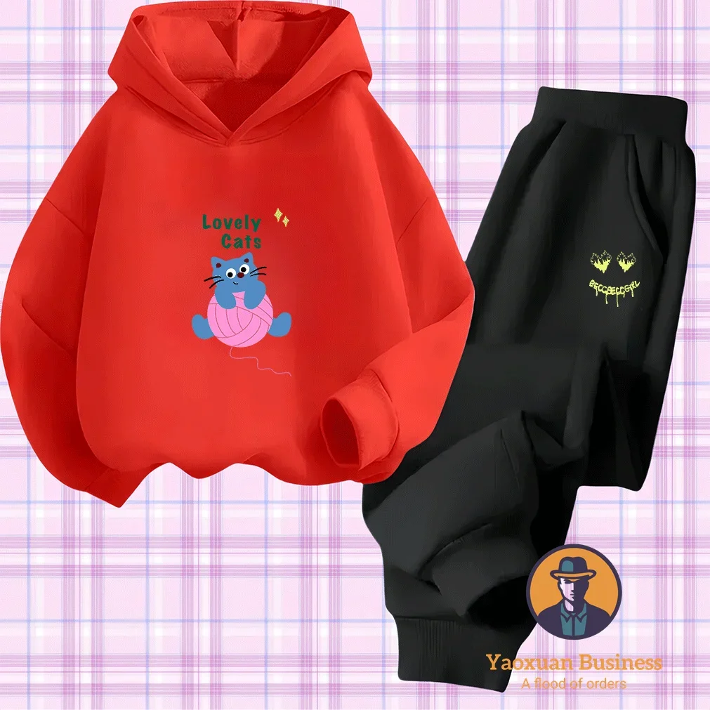 

Cool Cartoon Print Boys Children 2-Piece Hoodie Set Cute Printed Cartoon Warm Windproof Autumn Winter