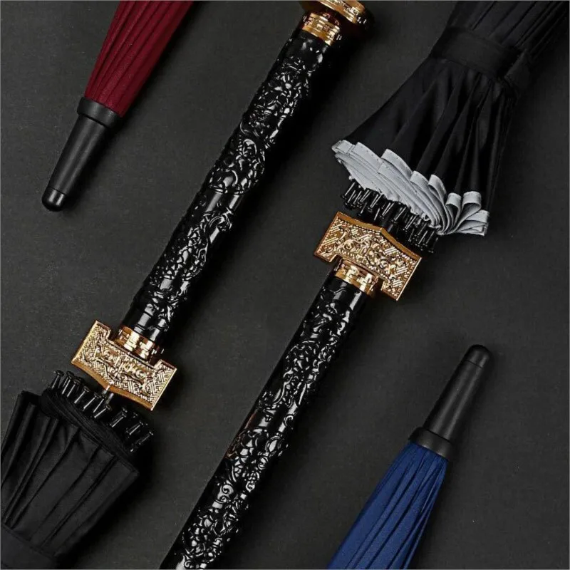 Creative Rain and Shine Umbrella Men's Long handled Large Knife Umbrella Household Long handled Black Portable Umbrella LF359