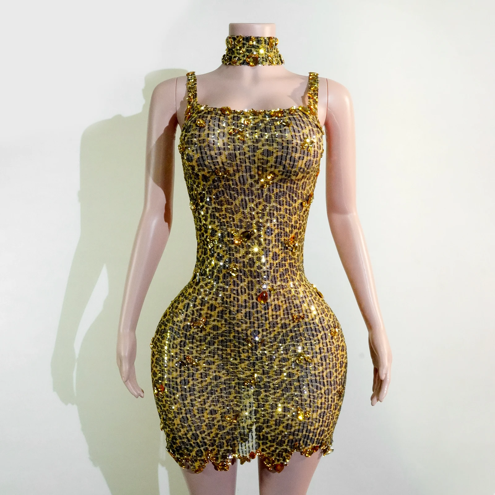 

sexy Gold Sequins Leopard Print dress crystals Gown Dress Singer Stage Celebrate Evening Clothing Stage Performance Drag Queen