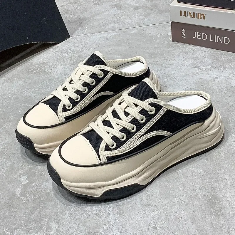 2023 Spring Autumn Women\'s Slippers Fashion Baotou Half Slippers Wear New Style Muffin Lace-Up Casual Canvas Slippers of Women