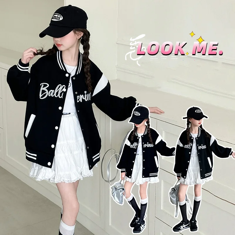 

Kids Baseball Coat Age 4-14Y Baby Girl Casual Fashion Outfit Toddler Classical Outwear Child American Style Spring Autumn Jacket