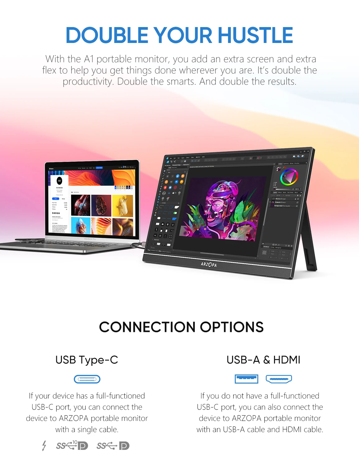 شاشة ARZOPA 15.6/ 17.3 بوصة محمولة FHD 1080P IPS USB-C Mini-HDMI شاشة ثانية خارجية