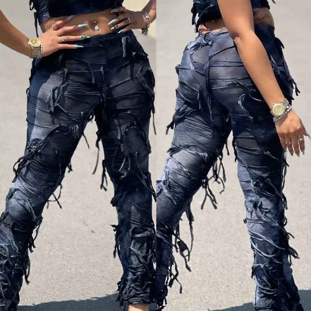 Leosoxs Fashion Women Tie Dye Printed High Waist Drawstring Tassel Flare Pants 2024 Summer Chic Stretch Legging Wide Leg Trouser
