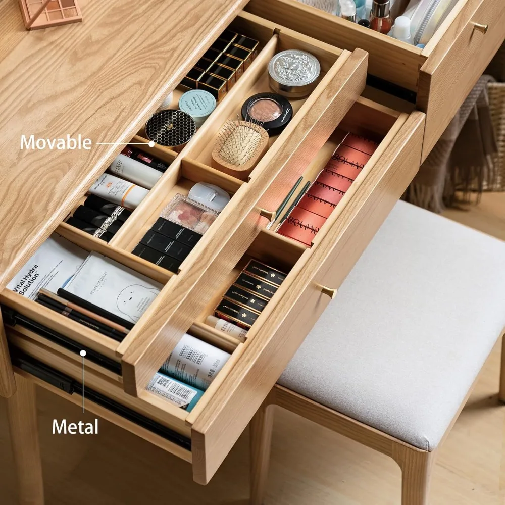 مكتب زينة لغرفة النوم مصنوع من الخشب الصلب مع مقسم للأدراج وطاولة للدراسة والمكياج، 31 عميق × 18 عريض × 32 مرتفعًا