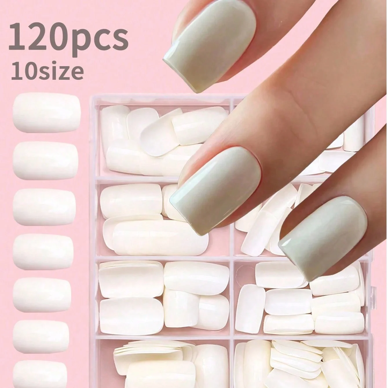 

120pcs Of Short Rectangular Acrylic Pure Porcelain White Pure Polished Press-On False Nails, Nude Color Square Nail Set