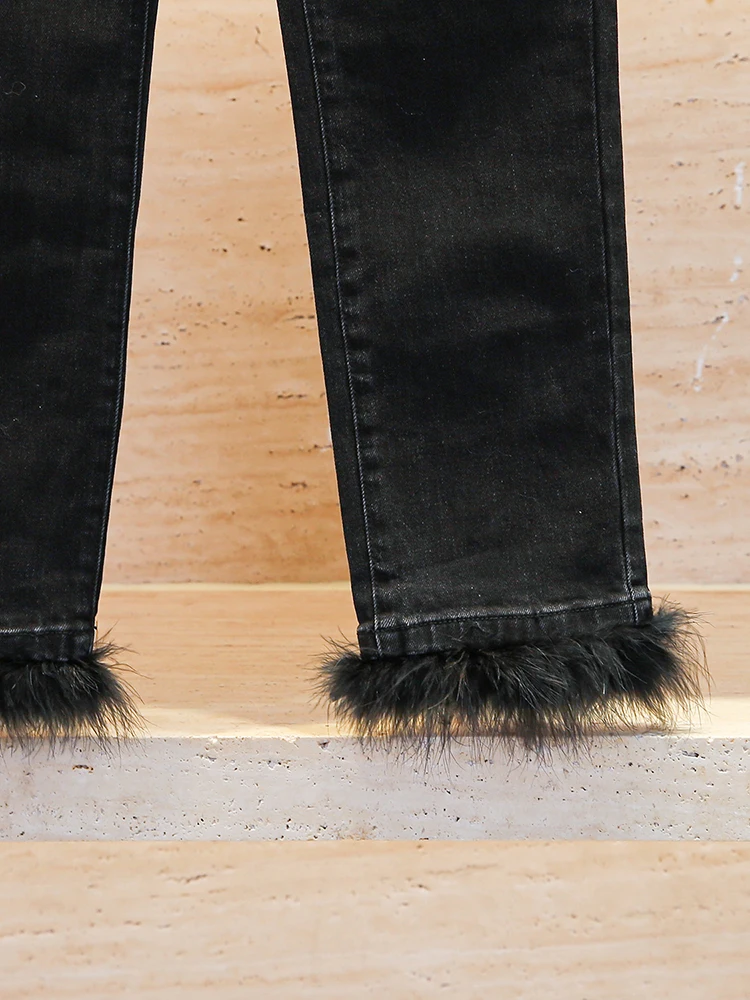 

High-End Women's Winter Casual Ostrich Feather Long Skinny Jeans Bla High Waist Wide Leg Pants Adult Wear Four Seasons