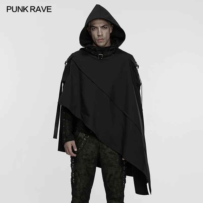 

PUNK RAVE Men's Wasteland Punk Waterproof Cloak Hooded Design Neat Cut Irregular Hem Tech Wear 3D Patch Pockets Handsome Tops