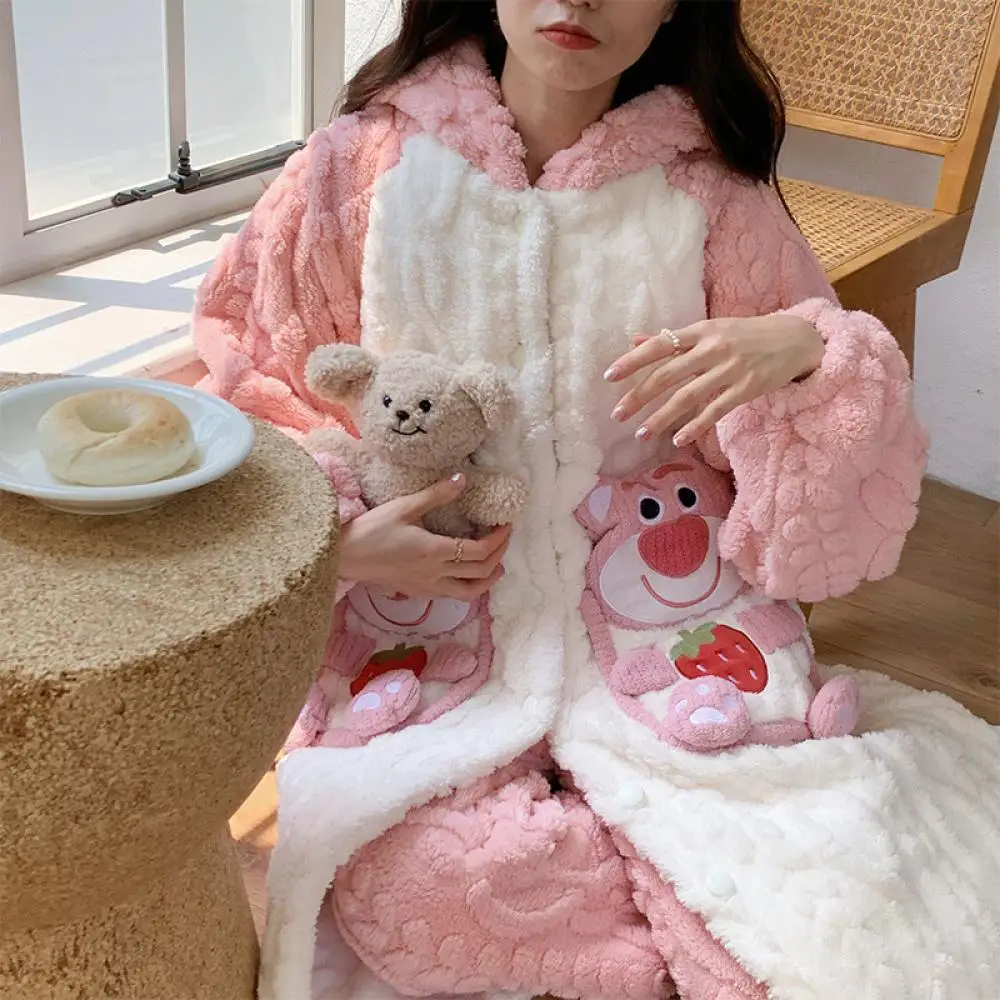 Miniso Lotso Fashion Facecloth Girls Thickened Hooded Pajamas Fall and Winter Medium-Length Cardigan Robe Warm Christmas Gift