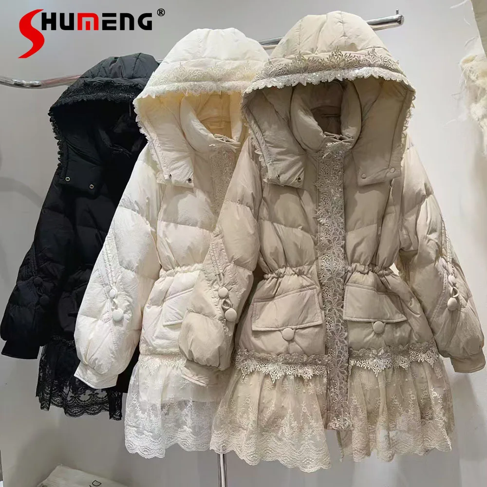 Down Jackets Women's 2024 Winter New Down Coats Sweet Lace Lotus Leaf Edge Splicing Thickened Warm Trendy White Duck Down Jacket