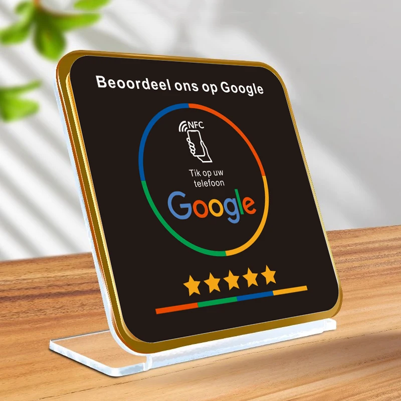 Black German French Dutch Arabic Spanish Polish NFC Acrylic Restaurant Table Display Stand for Google Reviews Social Media