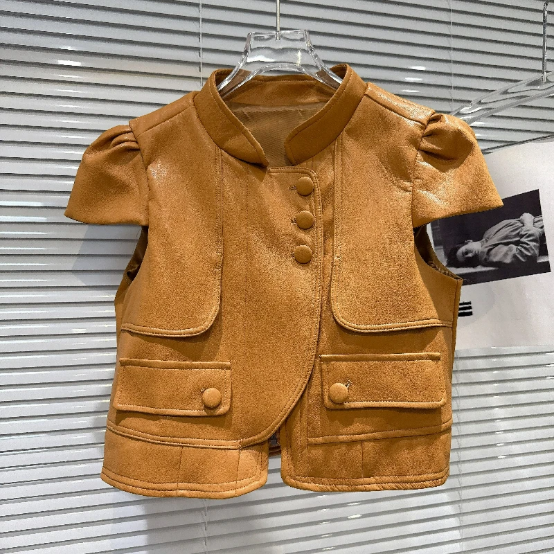 Women's Retro PU Leather Jackets Ginger Personalized Stand-up Collar Pocket Bubble Sleeves Versatile Age-reducing Coat Ladies