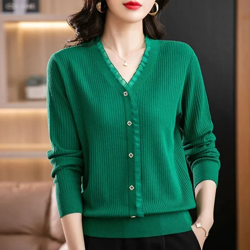 

Large Size Sweater Women's New V-Neck High Quality Coat Lace Knitwear Spring Autumn 2025 With Loose Top Bottoming Shirt Female