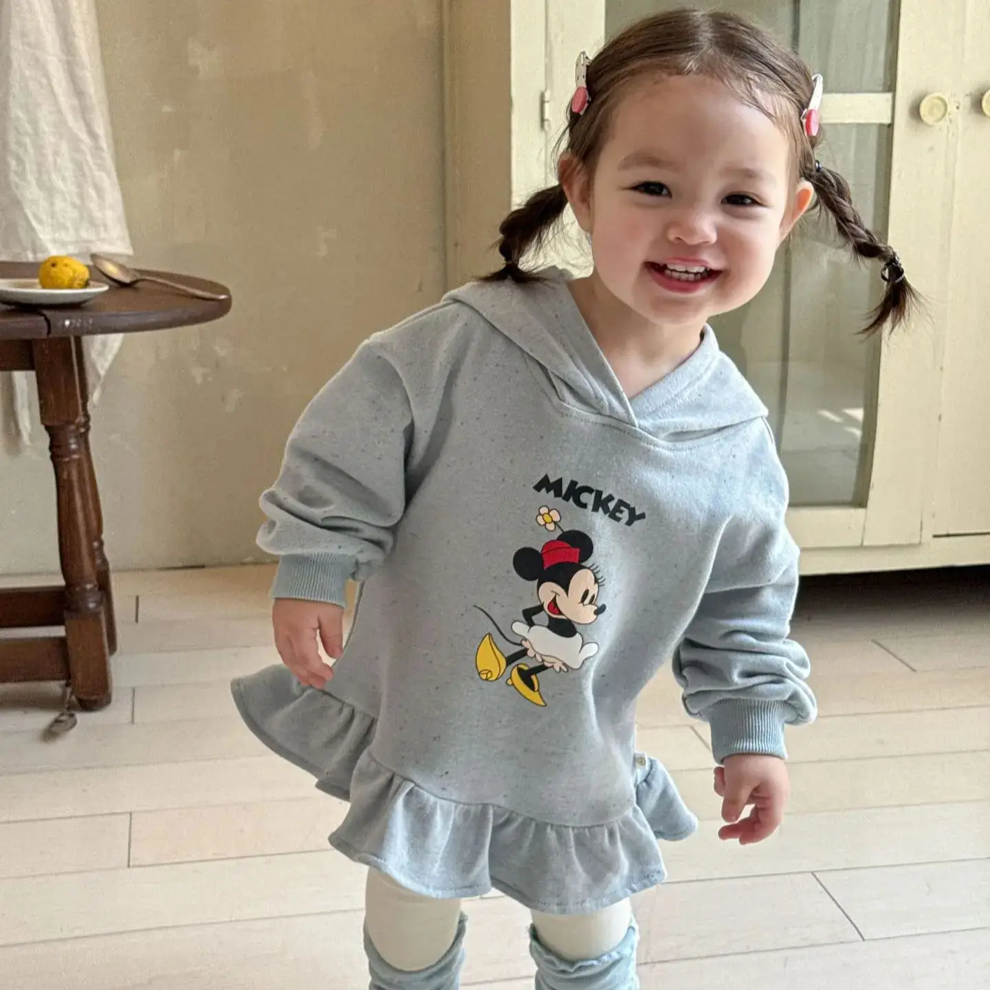 

Grey Blue Disney Cartoon Print Dress For Girls Autumn Pleated A-line Sweatshirt Casual Long Sleeve Fashion Hooded Pullover