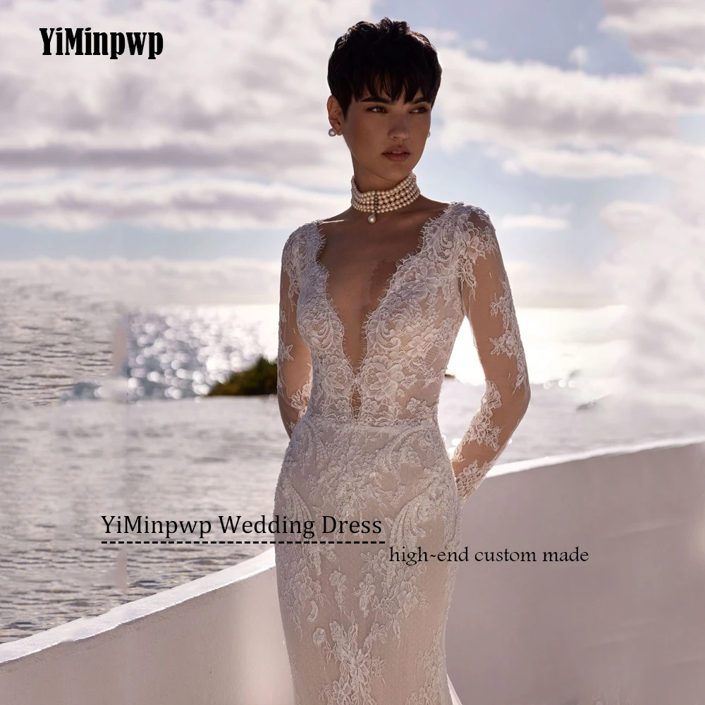 아플리케 비치 웨딩 드레스 풀 슬리브 일루젼 백 머메이드 레이스 신부 가운 보헤미안 스타일 맞춤 제작 웨딩 드레스