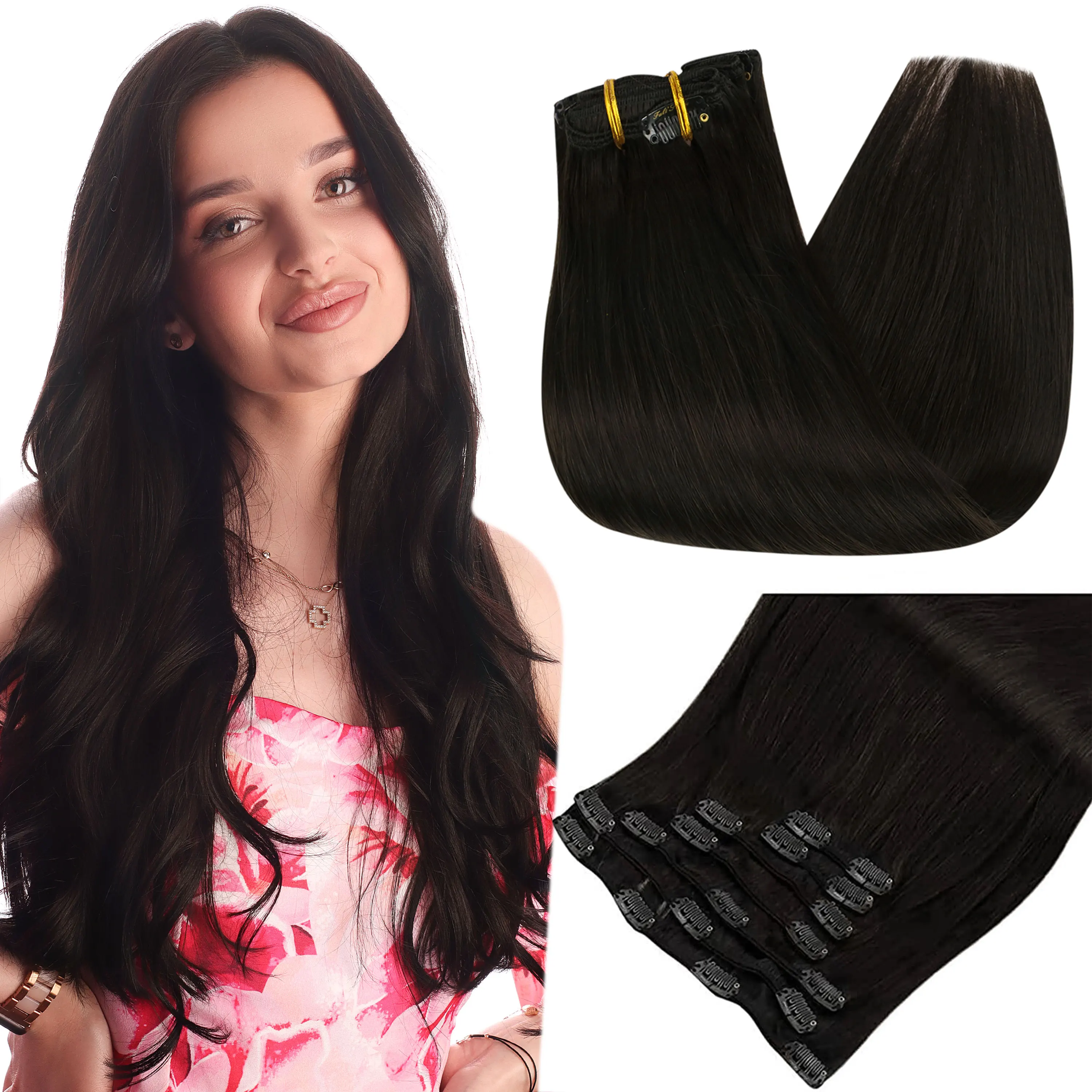Volledige Glans Human Hair Extensions Clip in Hair Extensions Echt haar 7 STKS 105G Dubbele Inslag Hair Extensions Echt haar Voor Vrouw - afbeelding 1