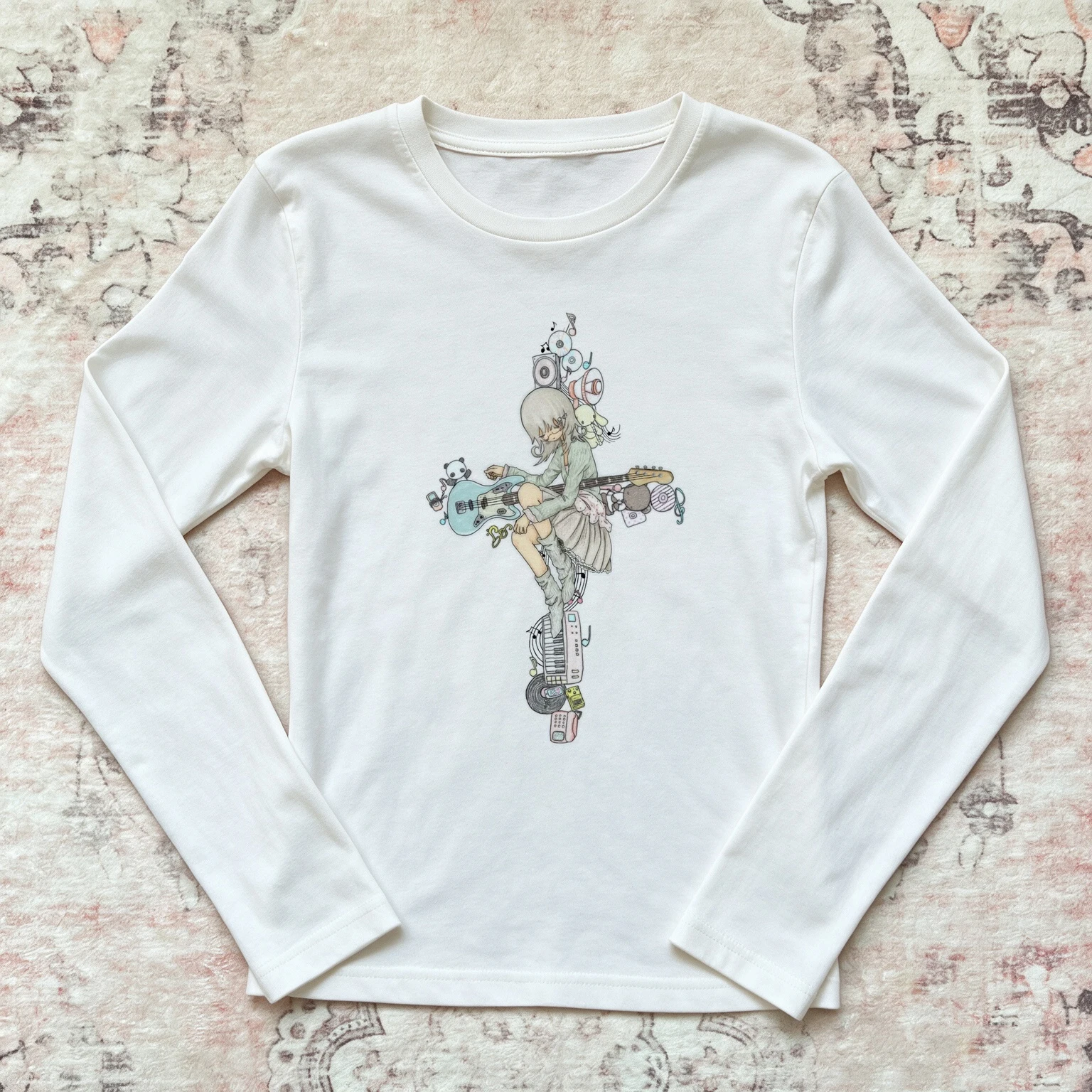 Cream Slim Fit T Shirt Women Cute Anime Guitar Girl Music Vinyl Print Short Sleeve Fairycore Kawaii Y2K Egirl Harajuku Streetwea