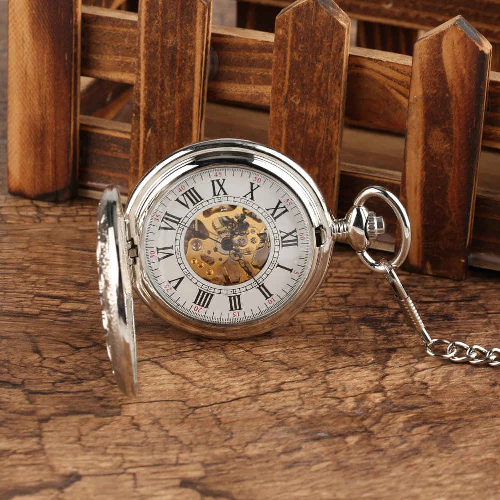 Transparent Hollow Roman Numerals Display Mechanical Pocket Watch Hand-Winding Luxury Vintage Pendant Chain Clock Gift Male
