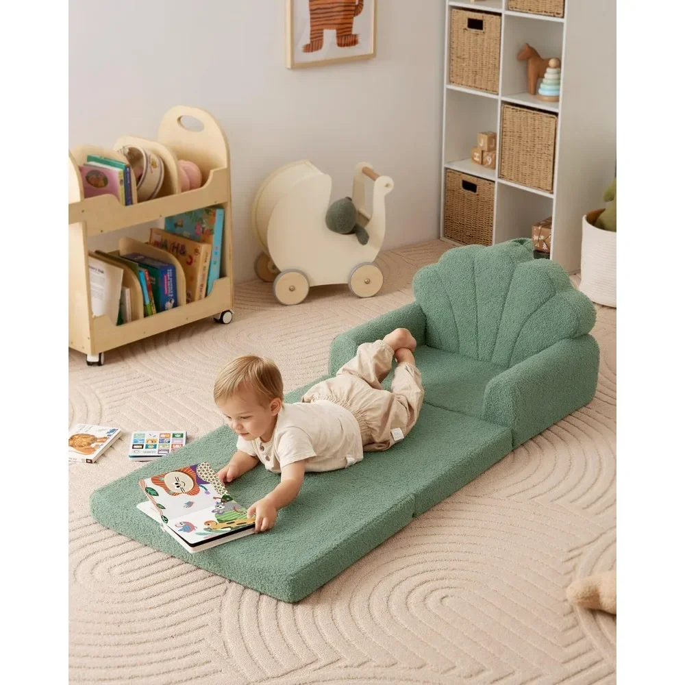 2-in-1 soft children's sofa folding, convertible sofa to lounge chair, with cute shell design, green