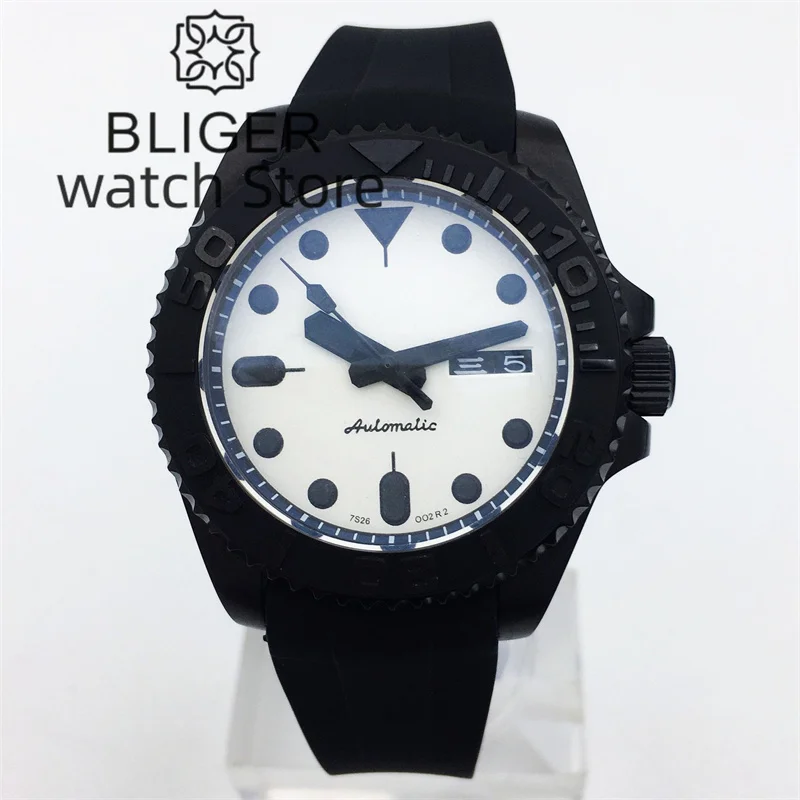 BLIGER 40mm Black white Dial Weekday Date Japan NH36A Automatic Mens Watch AR coating Sapphire Glass Luminous Dial Rubber strap