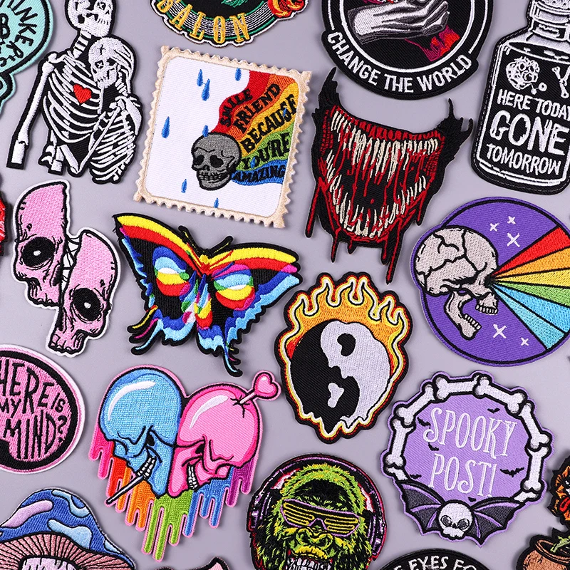 Butterfly Flame Patch Rainbow Skull Embroidered Patches For Clothing Thermoadhesive Patches On Clothes DIY Punk Patch Stickers