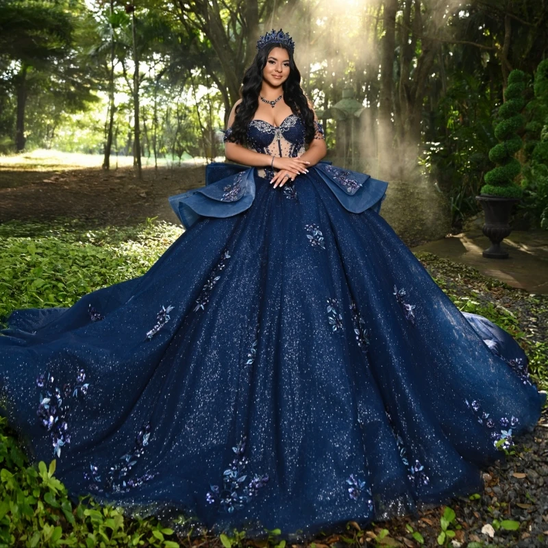 

Navy Blue Shiny Quinceanera Dresses Off The Shoulder Applique Lace Beading Crystal Bow Tull Corset Party Birthday Sweet 16 Dress