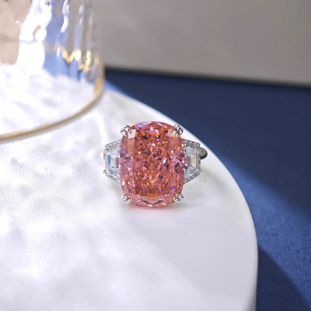 Luxury Solid Platinum PT950 Women's Long Pillow-Shaped Ice Flower Cut 5 karat Pink Diamond Ring