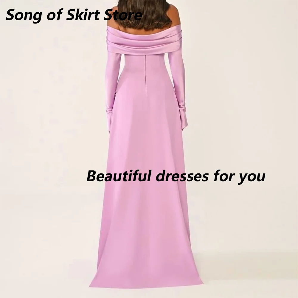 Sexy Pink Prom Dress Customized Off Shoulder Boat Neck Long Sleeves A Line Jersey Saudi Arab Prom Gown Floor Length Party Dress image 2