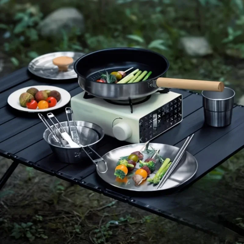 Outdoor camping non-stick pan stainless steel induction cooker gas universal picnic portable frying pan frying pan