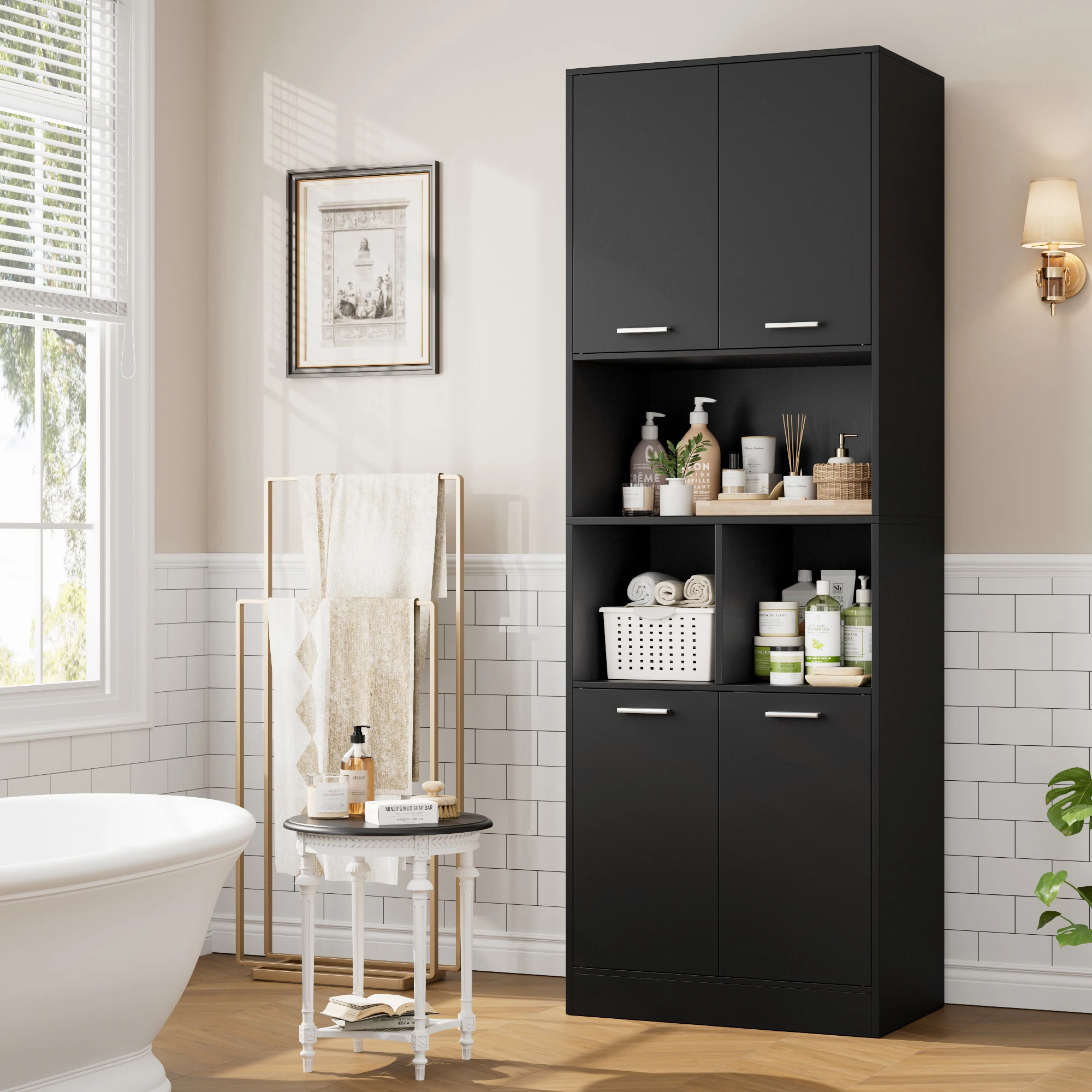 Getone Hochschrank Badschrank Badezimmerschrank Küchenschrank Mit Tür, offenem Fach, verstellbarer Trennwand 180x60x40cm