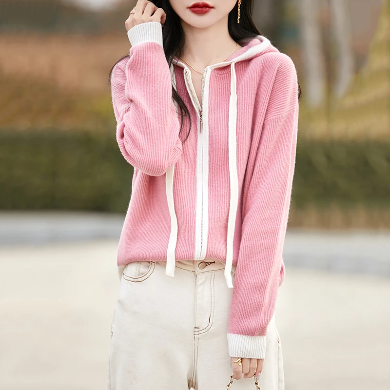

Fashion Basic 100% Merino Wool Autumn Winter Solid Color Zipper Woolen Cardigan Soft Long Sleeve Basic Comfortable Clothing Tops
