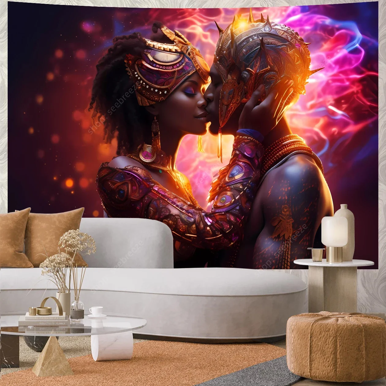 Tantric Couple Tapestry Wall Hanging Psychedelic Art Mystic Kawaii Room Decor Mandala Yoga Mat Valentine's Day Gift for Friend