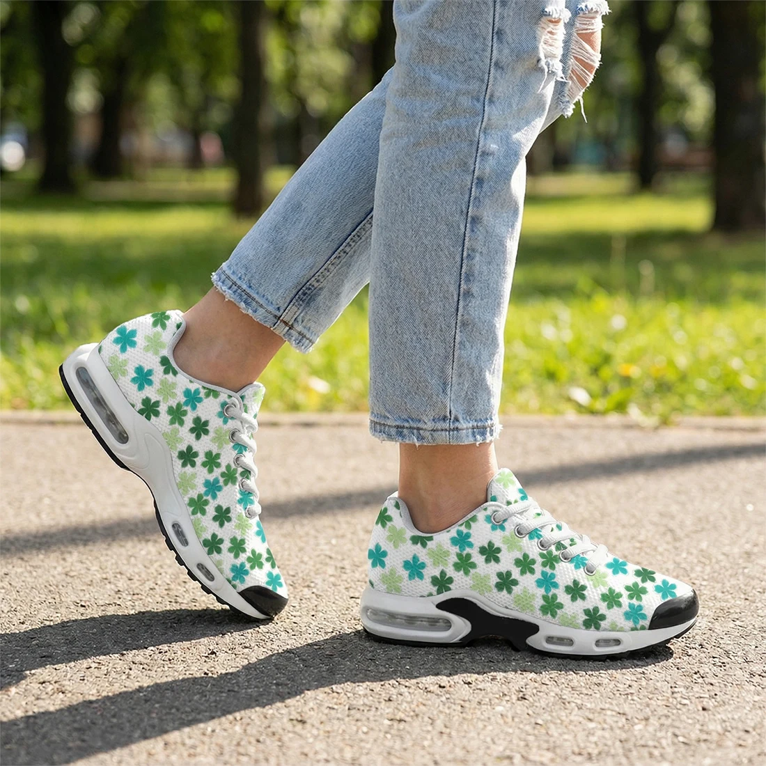 Green leaf print casual air-cushioned shoes, breathable mesh upper athletic shoes for men and women