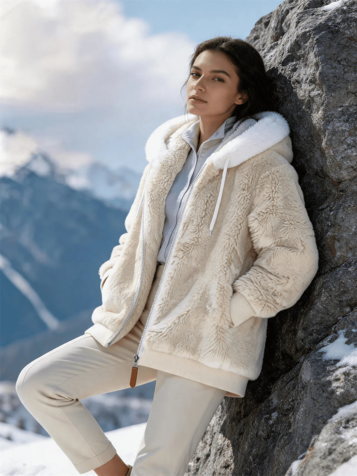 Women's Autumn and Winter Fashionable Contrasting Color Hooded Plush Warm Zipper Jacket