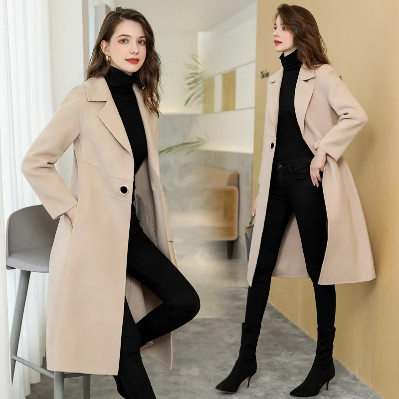 

Winter Beige Designer Button-Front Long-length Overcoat for Women 100% Wool Coat