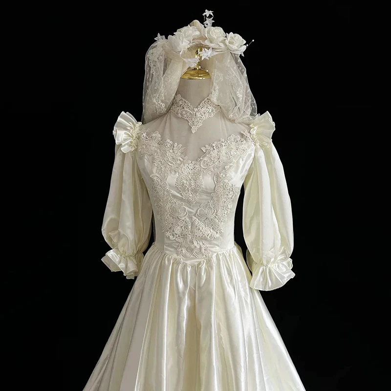 AnXin SH-Robe de mariée en dentelle de satin champagne vintage, manches courtes bouffantes, perles de perles, nœud de princesse, antique, personnalisée