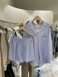 Listrado Clássico 2 Peça Conjuntos Primavera Manga Longa Bolso Blusas Mulheres Top Com Shorts Ternos Vintage Casual Short Outfits 2023 Novo