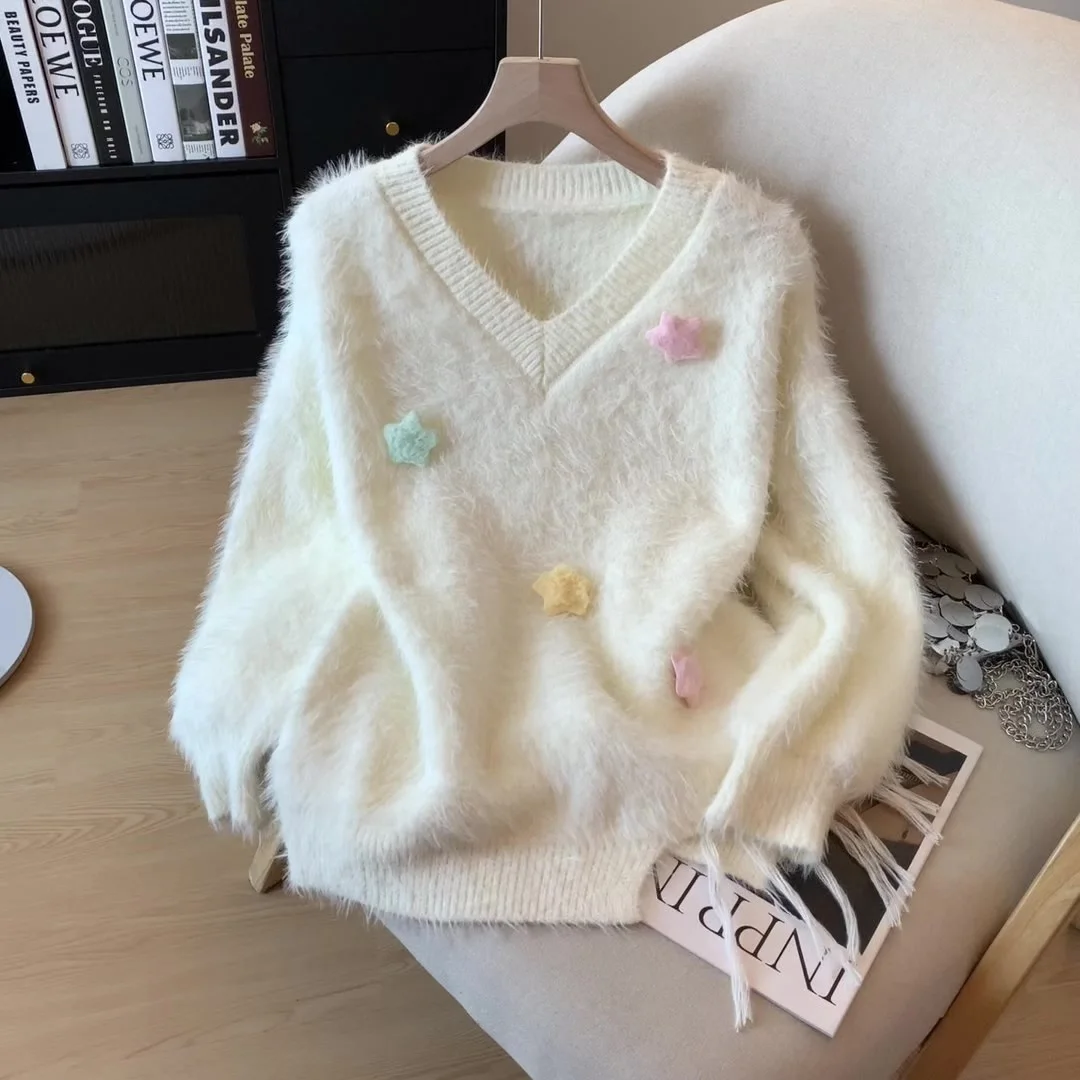 

Women's Beige Pink V-Neck Long Sleeve Sweater Y2K Star Print American High Street Cute Casual Retro Top Knitwear Winter 2025 New