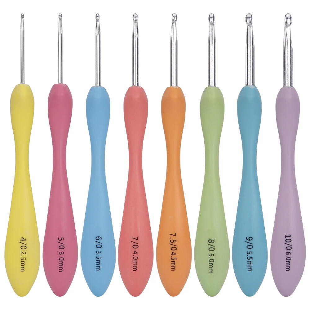 8 Stück Häkelnadeln, 2,5–6,0 mm, Aluminium-Häkelnadeln mit buntem Gummigriff, gepolsterte Griffe, Stricknadeln