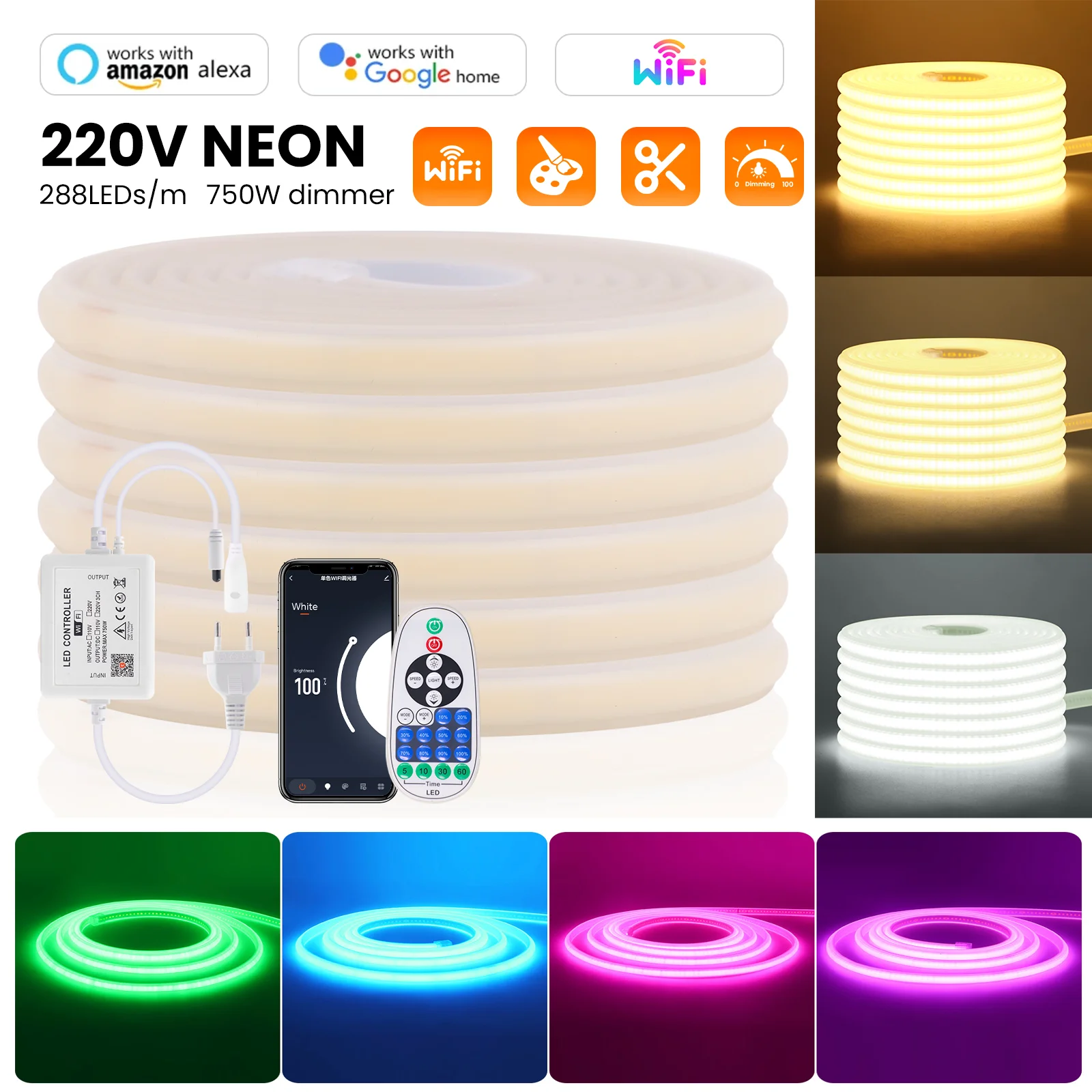 

220V COB LED Strip Light High Bright Dimmable WIFI Control EU Plug Neon Tape Kitchen Room Lighting Waterproof Ribbon Rope Lamp