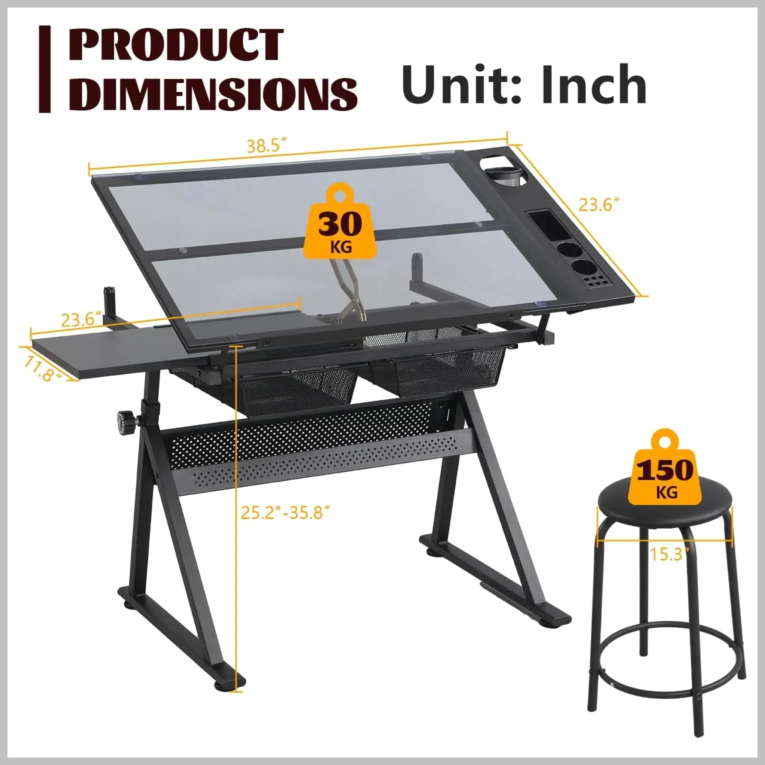 Drafting with Stool, Height Adjustable Drawing Table Art Table Painting Table Art Craft Desk with 0-75° Tilting