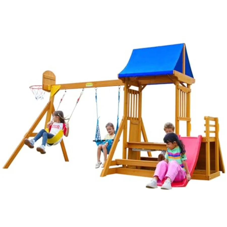 

Swing Sets for Backyard Wooden Playground Sets for Ages 3-6 with a Wave Slide Rock Climbing Wall Sandbox 2 Swings and More 6-in
