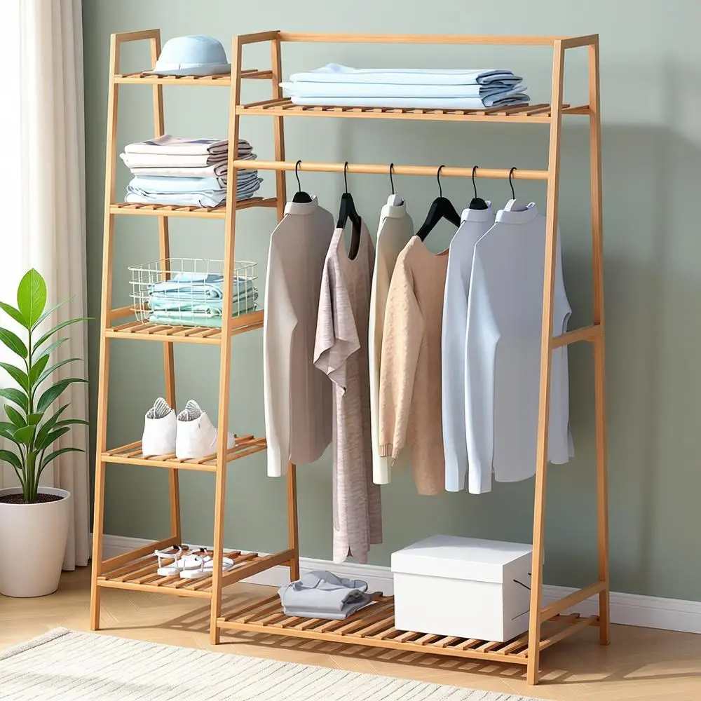 

Multi-Tier Bamboo Garment Rack with Shoe Storage for Closet, Hallway, Living Room, and Bedroom