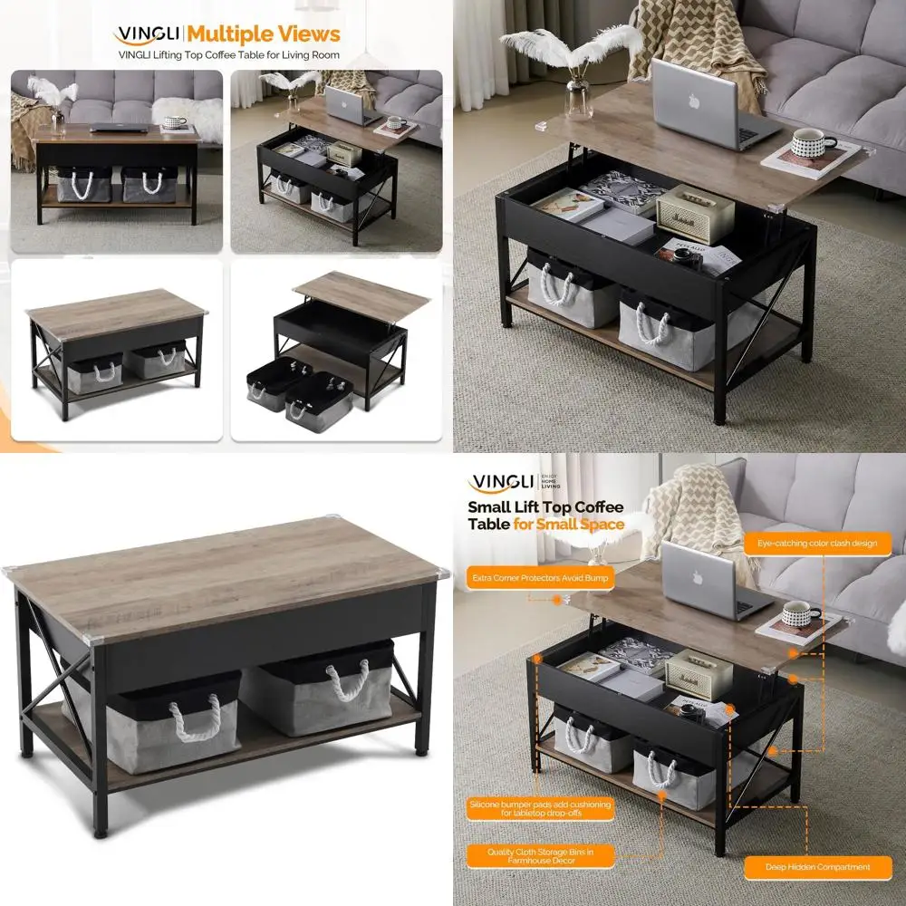 

Rustic Grey Lift-Top Coffee Table with Storage Bins, Ideal for Small Living Spaces in Minimalist Style