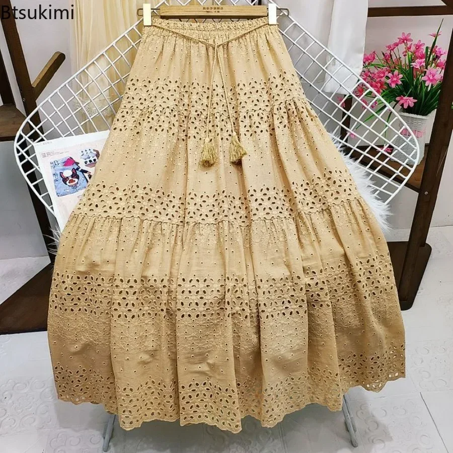 2024 Women\'s Fashion Solid Long Skirts Faldas Casual Lace Skirt Woman Clothes Harajuku Saia Jupe Femme Loose Maxi Ladies Bottom