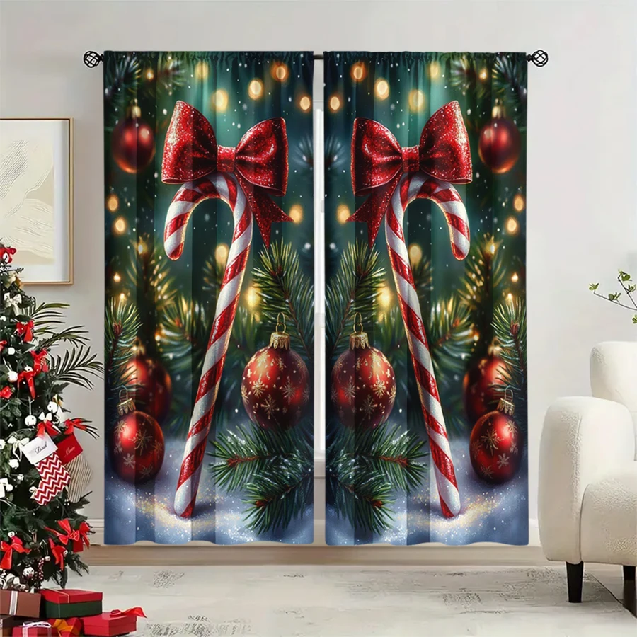 2PCS Christmas Winter Curtains, Candy Cane Bow Ball Pine Branch Bokeh Green, Digital Print, Bedroom Living Room, Home Decor