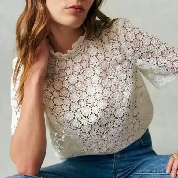 

Нежный кружевной топ с вышивкой и цветочным воротником, с коротким рукавом, свободного кроя, летняя мода для женщин