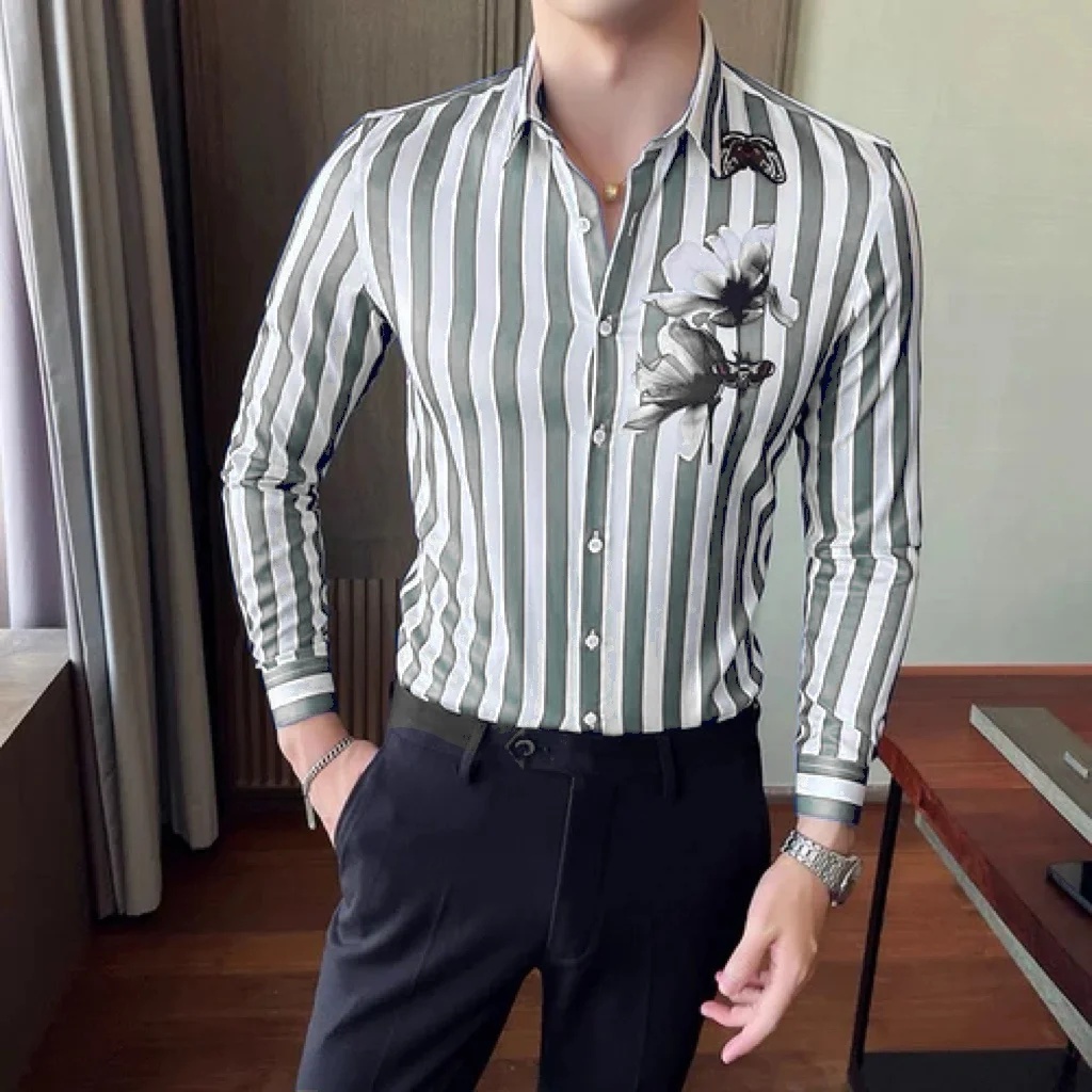 Men's stylish long sleeve button down shirt, striped, stylish and comfortable, suitable for all seasons, men's tops 6XL