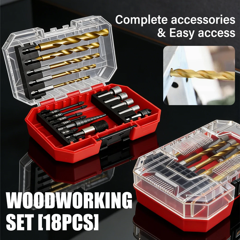 18pcs Multi-Function Drill Bit Set, Includes Twist Drill Bits, Step Drill & Impact Driver Bits, for Wood & Metal Drilling